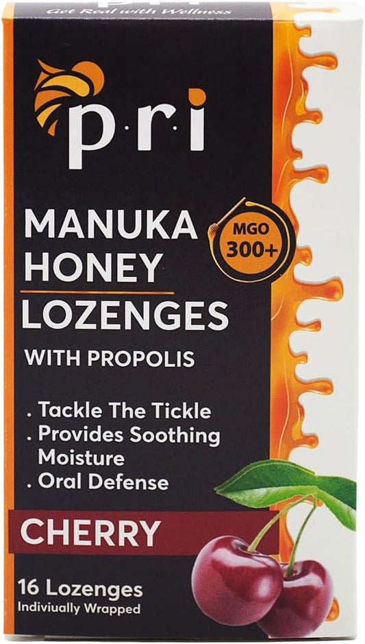 P.R.I Manuka Honey Lozenges with Propolis, Soothing Cough and Throat Drops, MGO 300+ Certified, (Cherry, 16 Count)