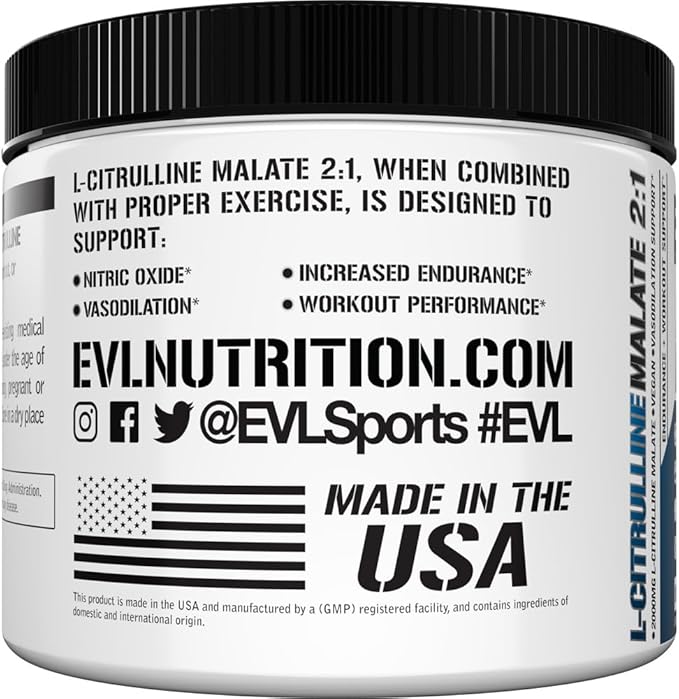 Evlution Nutrition L-Citrulline Malate 2:1-200mg L-Citrulline Malate - Workout Performance Support - Vasodilation Support - Dietary Supplement - Vegan & Gluten Free - 100 Servings - Unflavored