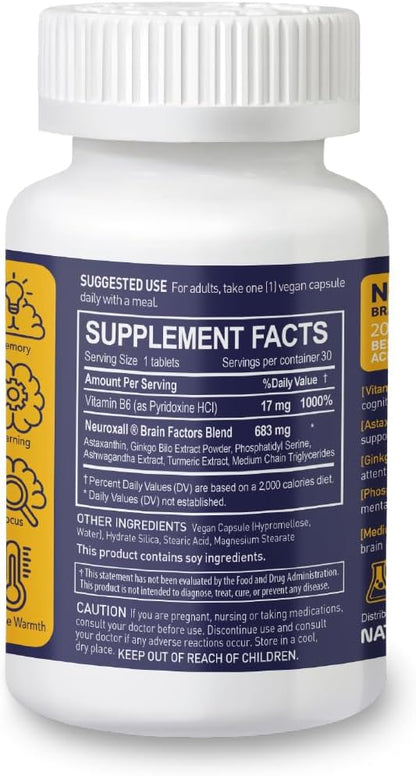 Neuroxall Gold Brain Factors for Adults - Cognitive & Mental Wellness Support with Vitamin B6, Astaxanthin, Ginkgo Biloba, Ashwagandha & Turmeric & - 30 Vegan Capsules, 30 Day Supply