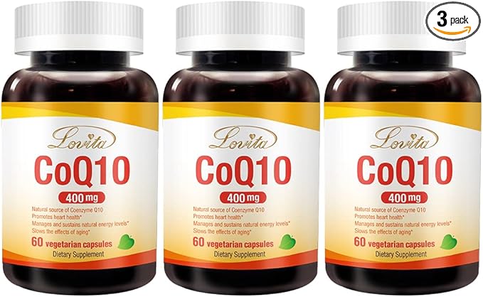 Lovita CoQ10 400mg Supplements | Easliy Absorbed Coenzyme Q10 Powder | Antioxidant Co Q10 Enzyme | Support Heart Health | Vegan | 60 Capsules (Pack of 3)