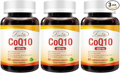 Lovita CoQ10 400mg Supplements | Easliy Absorbed Coenzyme Q10 Powder | Antioxidant Co Q10 Enzyme | Support Heart Health | Vegan | 60 Capsules (Pack of 3)