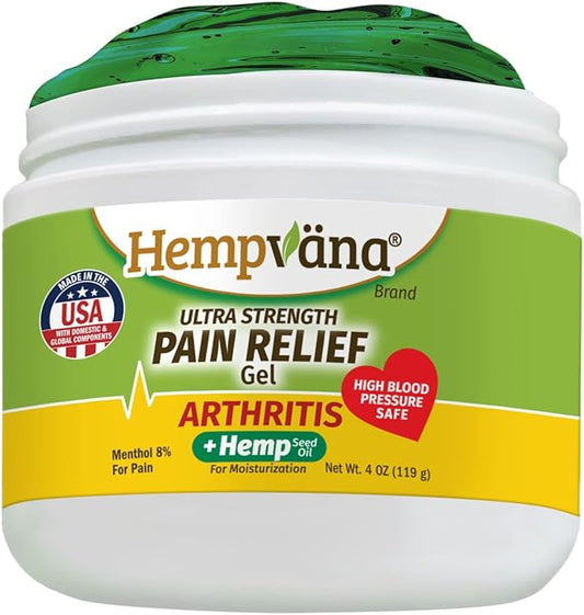 Hempvana Arthritis Pain Relief Gel, Ultra-Strength for Arthritis in Muscles & Joints. Enriched with Hemp Seed Oil, AS-SEEN-ON-TV. Non-Greasy. Targeted Long-Lasting Arthritis Relief. Works Fast, 4 Oz.