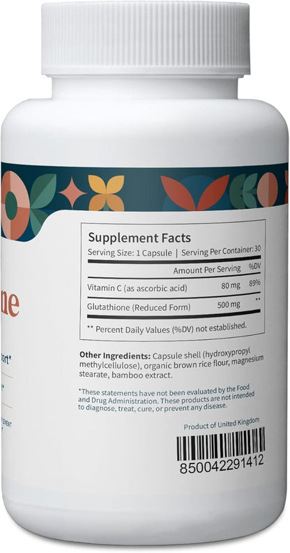 Pattern Wellness Glutathione Supplement - Active Reduced Glutathione Formula with Added Vitamin C - Cell, Antioxidant, + Immune Health Support - 30 Vegan Capsules