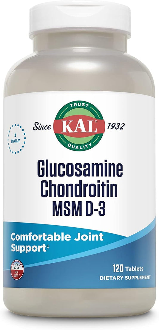 KAL Glucosamine Chondroitin MSM D-3, Joint Support Supplement, 1,500 mg of Glucosamine Sulfate, 1,200 mg of Chondroitin Sulfate, 1,000 mg of MSM, Plus Vitamin D3 & Vitamin C, 40 Servings, 120 Tablets