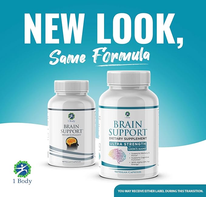 1 Body Brain Support Supplement with Alpha GPC and Lion's Mane Extract, 90 Capsules, Twin Pack