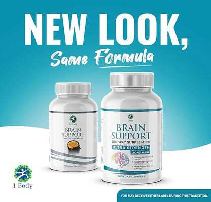 1 Body Brain Support Supplement with Alpha GPC and Lion's Mane Extract, 90 Capsules, Twin Pack