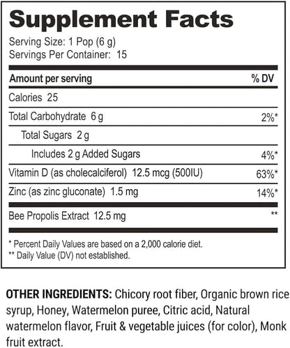 Kids Throat Soothing Watermelon Lollipops, by Beekeeper's Naturals - Doctor Formulated Immune Support, under 2g Sugar, Vitamin D & Honey, 15 ct