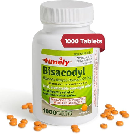 Timely Laxative Bisacodyl 5mg Tablets - Stimulant Laxatives for Constipation Fast Acting & Gentle - Overnight Constipation Relief for Adults - Compare to Active Ingredients in Dulcolax - 1000 Tablets