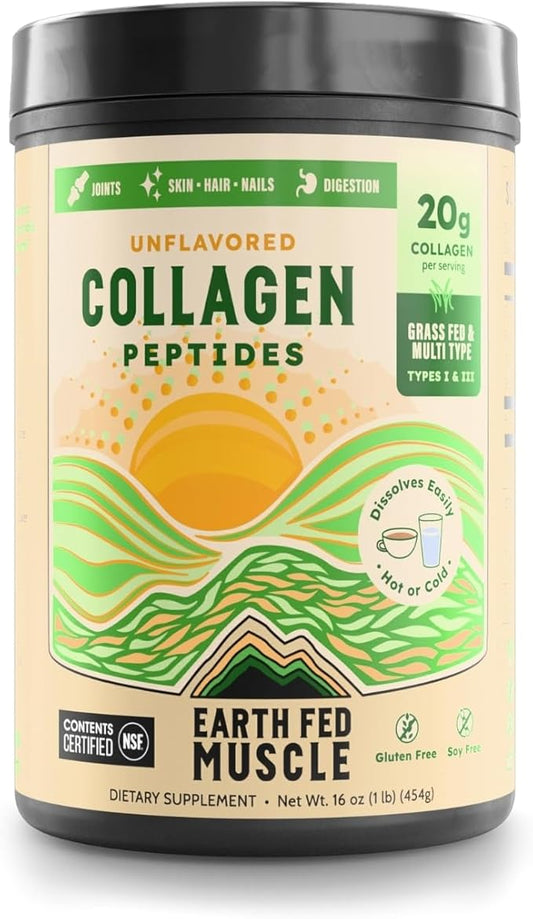 Earth Fed Muscle Unflavored Collagen Peptides Powder - 20g Protein Per Serving - Supports Hair, Skin, Nails, Joints & Recovery - Sugar-Free, Soy-Free, Gluten-Free, Paleo & Keto Friendly