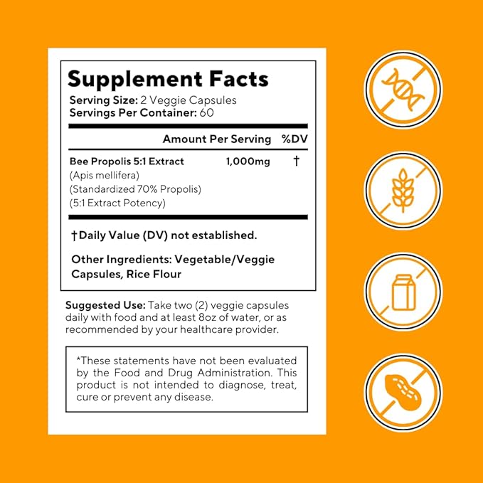 Bee Propolis Extract Capsules 1000mg Supplement for Immune Support, Vitality, Skin Health - Potent Polyphenols, Flavanoids, Antioxidants - 120 Count, Non-GMO, Gluten-Free