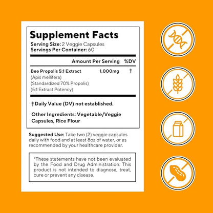 Bee Propolis Extract Capsules 1000mg Supplement for Immune Support, Vitality, Skin Health - Potent Polyphenols, Flavanoids, Antioxidants - 120 Count, Non-GMO, Gluten-Free