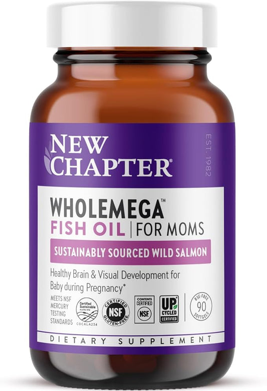 New Chapter Wholemega for Moms Fish Oil Supplement - Prenatal DHA with Omega-3 + Vitamin D3 for Prenatal & Postnatal Support - 90 ct, 500mg Softgels
