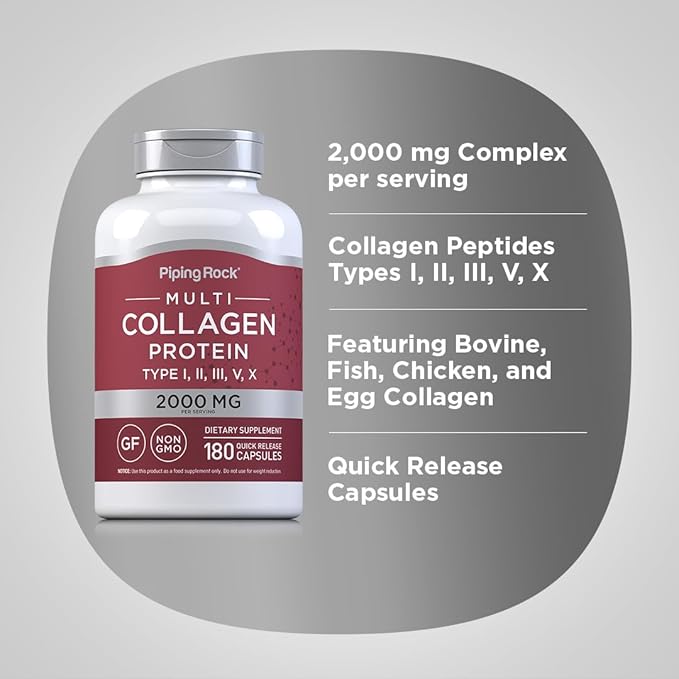 Piping Rock Multi Collagen Protein Capsules | 180 Count | 2000mg | Types I, II, III, V, X | Complex Blend | Non-GMO, Gluten Free