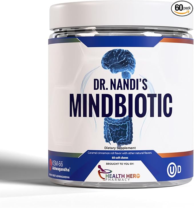 MindBiotic Brain Health Supplement - Probiotics & Prebiotics with KSM-66 Ashwagandha - Supports Memory, Focus, and Gut-Brain Connection - 300MG - 60 Chews