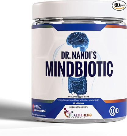 MindBiotic Brain Health Supplement - Probiotics & Prebiotics with KSM-66 Ashwagandha - Supports Memory, Focus, and Gut-Brain Connection - 300MG - 60 Chews
