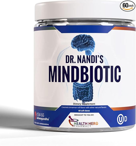 MindBiotic Brain Health Supplement - Probiotics & Prebiotics with KSM-66 Ashwagandha - Supports Memory, Focus, and Gut-Brain Connection - 300MG - 60 Chews