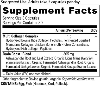 Ancient Nutrition Collagen Protein Brain Boost, Collagen Protein Capsules Brain Supplement for Reduced Joint Discomfort, Healthy Skin and Nails, 90 ct