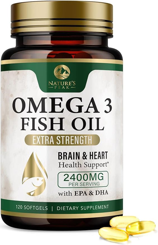 Nature's Peak Fish Oil 2400 mg - Triple Strength Fish Oil Supplement, Omega 3 Fish Oil w/EPA & DHA Fatty Acids for Healthy Heart Support, Burpless Omega 3 Supplements, 60 Day Supply - 120 Softgels