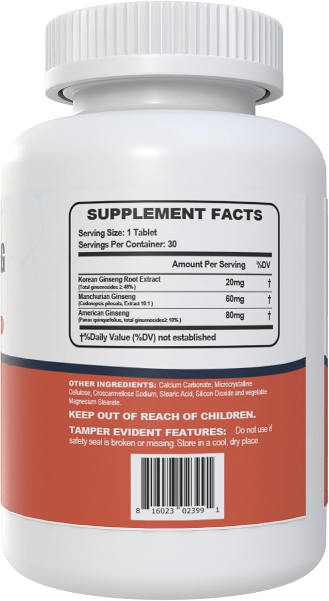 Triple Ginseng Complex, Ultra Potency 15% Ginsenosides from 3 Panax Ginseng Extract for Energy, Memory, Vitality & Immune Support, Healthy Aging for Elderly, 30 Tablets