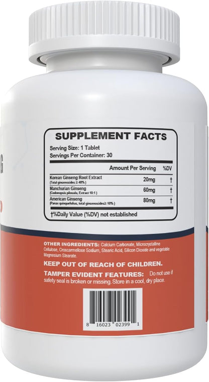 Triple Ginseng Complex, Ultra Potency 15% Ginsenosides from 3 Panax Ginseng Extract for Energy, Memory, Vitality & Immune Support, Healthy Aging for Elderly, 30 Tablets