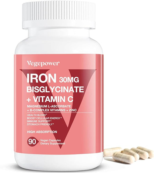 Iron Supplements for Women Men, Vegan Iron Bisglycinate 30mg Plus Vitamin C, B12, Folic Acid - Iron Pills for Anemia, Health Blood & Energy Support - Gentle, High Absorption, Non-GMO - 90 Capsules
