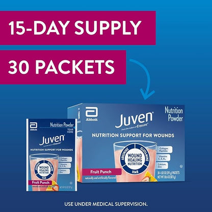 Juven Therapeutic Nutrition Drink Powder Including Collagen Peptides, Amino Acids, and HMB For Wound Healing Support, Fruit Punch, 30 Packets