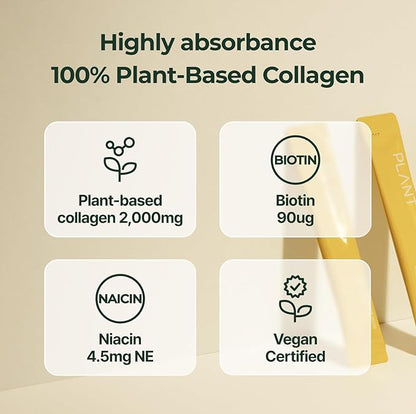 PLANT Vegan Liquid Collagen with Biotin & Niacin | 2,000mg Hydrolyzed Collagen Peptides | Kosher & Halal Certified| Lemon Flavor| Skin, Hair & Nail Support| 363Da Ultra Low Molecular |15 Stick Packs