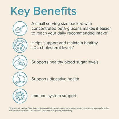 Oat Bran Powder with 750mg Beta Glucan per Serving - Easy-Mix Soluble Fiber for Cholesterol Management & Immune Support - Heart Healthy, Non-GMO & Vegan Oatmeal Powder