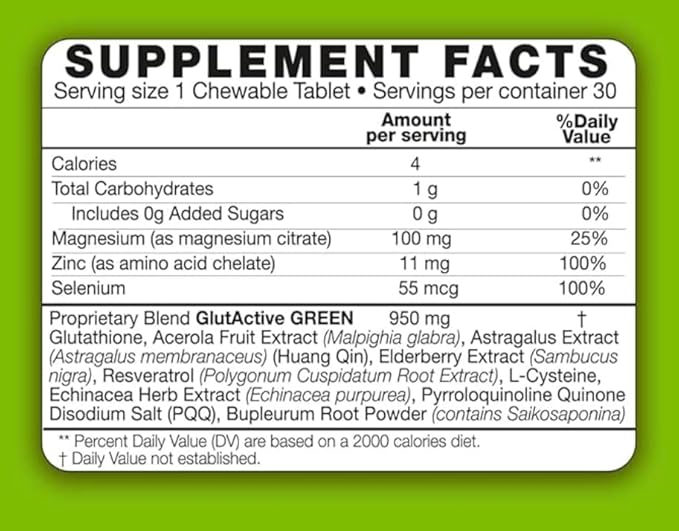 Green 950mg | Immune Support | Glutathione | Antioxidant, Detox, Increase Immunity, Energy, Strengthen & Cellular Protect | 30 Chewable Tablets (30)
