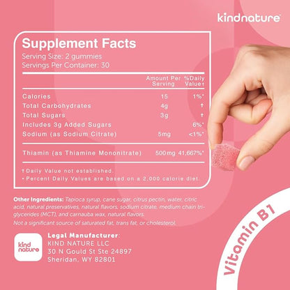 Kind Nature Vitamin B1 Gummies 500mg – High Potency Thiamine Supplement for Energy, Focus & Nervous System – Vegan, Non-GMO Chewable B1 Vitamins for Adults & Kids – Natural Strawberry Flavor – 60 Ct