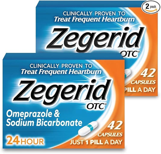Zegerid OTC, Omeprazole Plus Sodium Bicarbonate, 24 Hour, Proton Pump Inhibitor (PPI), Heartburn Medicine, Acid Reducer, Two 42ct Cartons