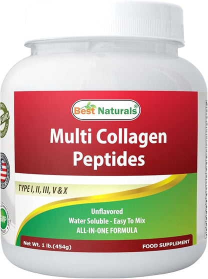 Best Naturals Multiple Collagen Peptides Protein Type I, II III, V & X Collagen unflavored 1 Pound - Grass Fed & Pasture Raised - Water Soluble - Easy to Mix