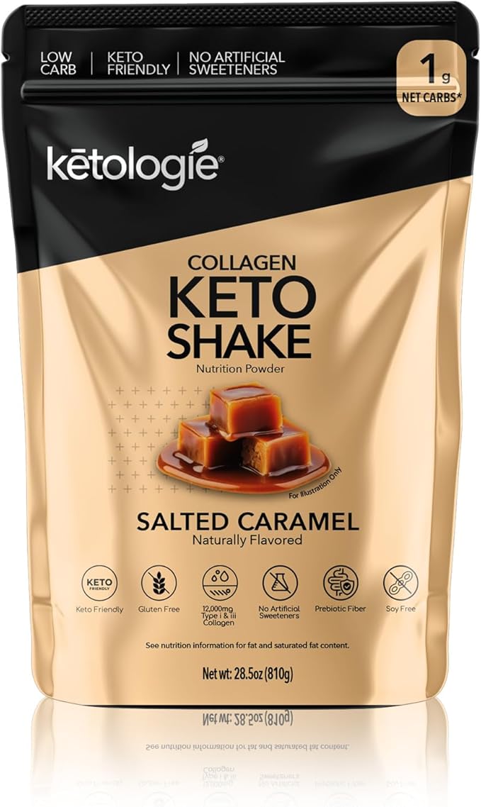 Keto Collagen Shake (Salted Caramel) - with Coconut Oil, Prebiotics, Grass Fed Hydrolyzed Collagen Peptides Type I & III, Low Carb, Gluten Free,1.78lbs. (810g)