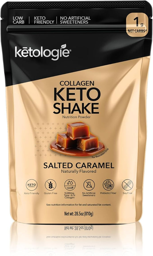 Keto Collagen Shake (Salted Caramel) - with Coconut Oil, Prebiotics, Grass Fed Hydrolyzed Collagen Peptides Type I & III, Low Carb, Gluten Free,1.78lbs. (810g)