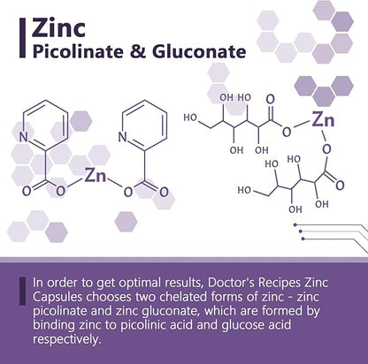 Doctor’s Recipes Zinc 50mg, Highly Absorbable Zinc Picolinate & Gluconate, Supports Natural Immune Defense, DNA & Protein Formation, Cell Growth, Non-GMO, 120 Veggie Capsules
