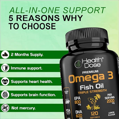 Omega 3 Fish Oil 2000mg – Lemon-Flavored Softgels with EPA 800mg & DHA 600mg for Brain, Heart, and Wellness Support – Easy-to-Digest, No Fish Burps – 120 Softgels, 2-Month Supply