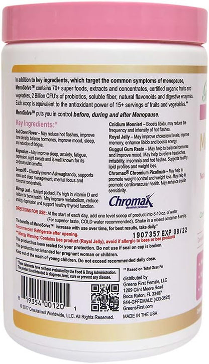 Greens First MenoSolve Plus Probiotics Powder - Natural Relief for Menopause Symptoms - Non-GMO/Dairy-Free/Soy-Free - with Red Clover Flower, Magnesium & Moringa Leaf (30 Servings)
