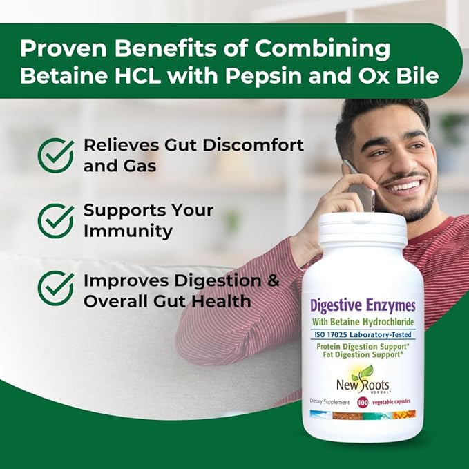 New Roots | Digestive Enzymes with Ox Bile + Betaine Hydrochloride Supplement | Betaine HCL with Pepsin and Papain (100 Capsules) for Fast Nutrient Absorption and Bloating Comfort