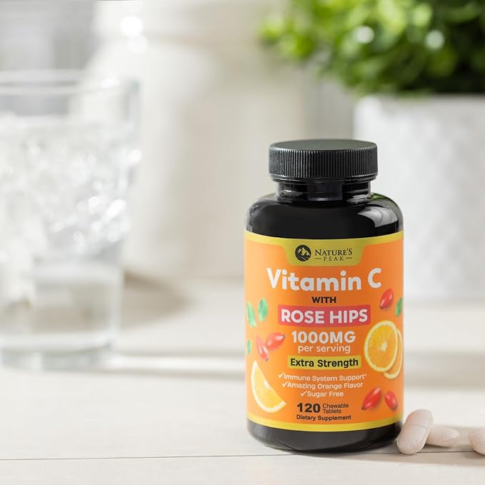 Vitamin C 1000mg Supplement - Extra Strength Chewable Immune Support Vitamin C Dietary Supplement with Rose HIPS, Nature's VitaminC Antioxidant Support, Natural, Vegan, Orange Flavor - 120 Tablets