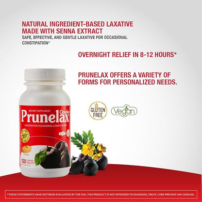 Prunelax Ciruelax Regular Strength Laxative Tablets - Overnight Relief for Occasional Constipation, Senna Extract, Vegan & Gluten-Free, Fast-Acting Gentle Relief - 150ct