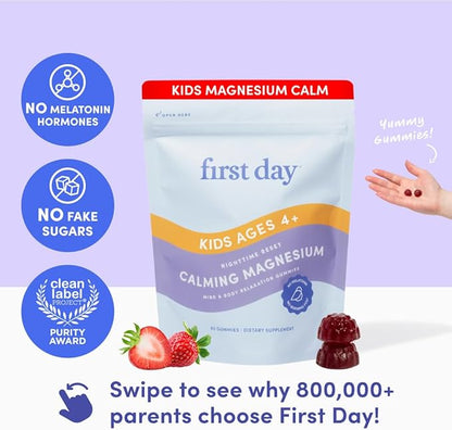 FIRST DAY Magnesium for Kids Gummies – Calm Kids Magnesium Citrate Gummies to Support Sleep & Relaxation – Bedtime Supplement with Suntheanine® L-Theanine, NO Melatonin - Strawberry - 30-Day Supply