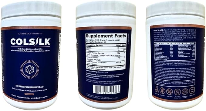 Skin Research Institute ColSilk Collagen Powder Supplement with Collagen, Colostrum, and Polypodium for Skin, Hair, Nails, and Joint Support – One Scoop per Serving – Unflavored (1 Month Supply)