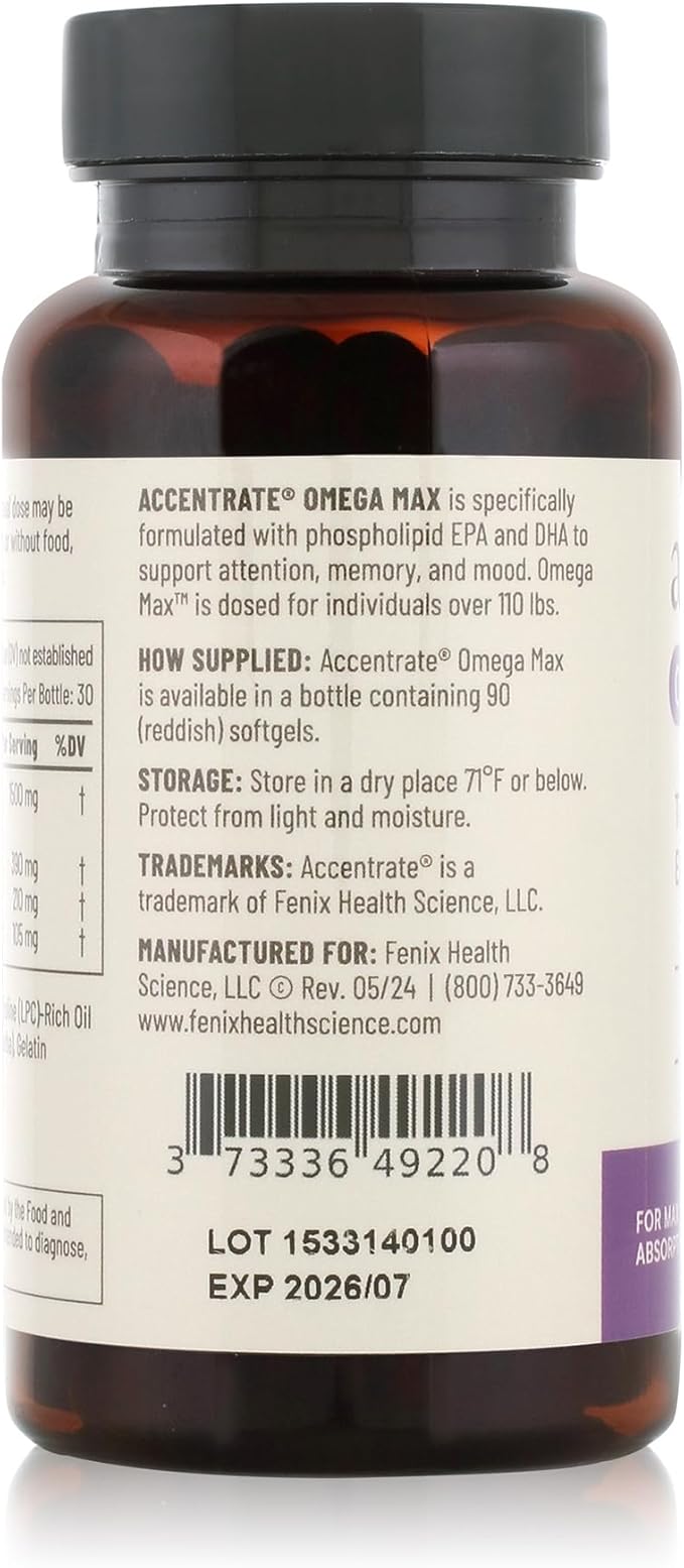 Accentrate Omega MAX w/LYSOVETA LPC | EPA & DHA Supplements for Brain Health | Focus, Memory, & Mood | 6X Better Absorption Than Fish Oil | Omega-3 Fatty Acid Supplements | 90 Softgels (Month)