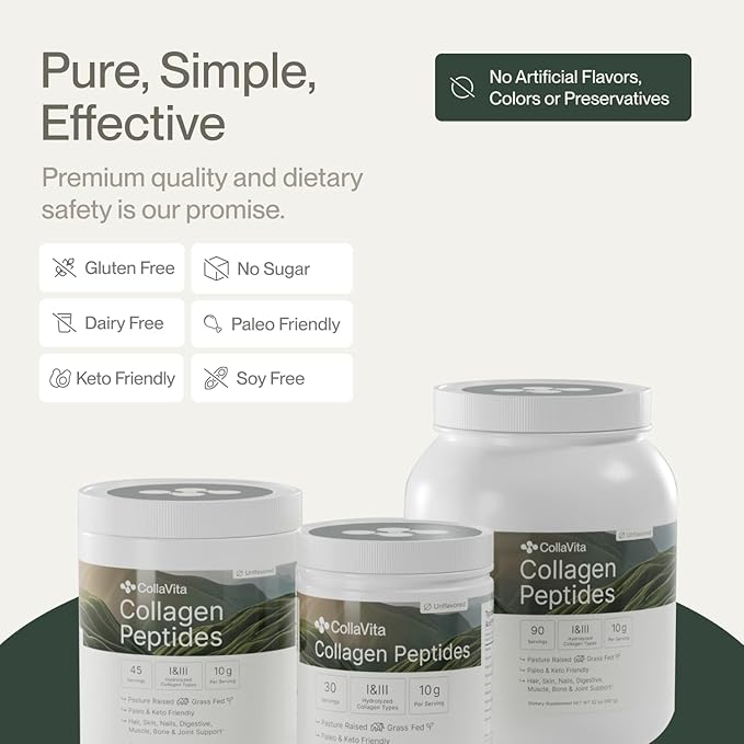 Collagen Peptides for Women & Men Grass-Fed Pasture-Raised Hydrolyzed Collagen Powder Type 1 & 3 for Skin, Hair, Nails and Joints, Non-GMO, Paleo & Keto, Unflavored,10 Fl oz. 30 Servings