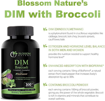 DIM Supplement 300mg with Broccoli 200mg BioPerine 10mg-Hormone and Estrogen Balance for Women & Men,Menopause Relief,PCOS & PMS Support,Hormonal Acne Treatment-120 Caps,Diindolylmethane 150mg per Cap