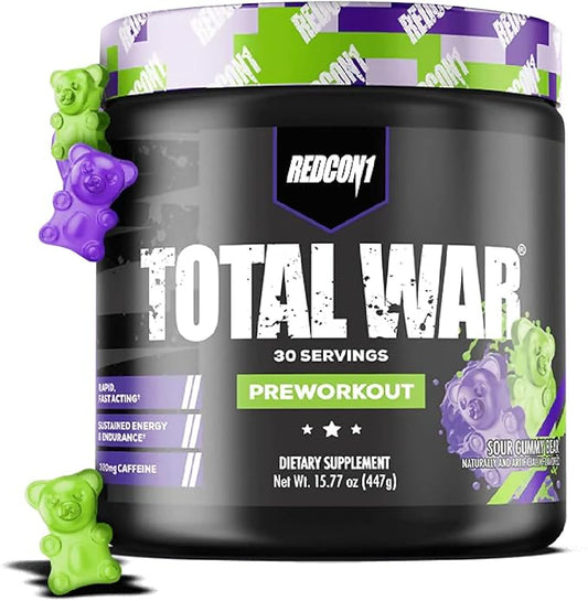 REDCON1 Total War Pre Workout Powder, Sour Gummy Bear - Fast Acting Caffeinated Preworkout for Men + Women with Beta Alanine - Contains Citrulline Malate for Increased Pump, Blood Flow (30 Servings)