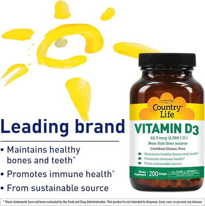 Country Life Vitamin D3 2500 IU Soft Gels, Larger, 200 sg, 200 Count