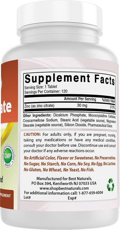 Best Naturals Zinc 30mg Supplements (as Zinc Citrate) - zinc Vitamins for Adults Immune Support - 120 Tablets (120 Count (Pack of 3))