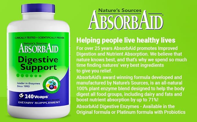 AbsorbAid Original Formula Digestive Support Enzyme Supplement, 240 Veggie Capsules (240 Capsules)