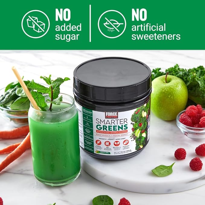 FORCE FACTOR Smarter Greens Superfoods + Energy Powder to Boost Energy & Support Digestion, Gut Health, Bloating, Greens Powder with Digestive Enzymes, Probiotics & Prebiotics, Lemon Lime, 30 Servings